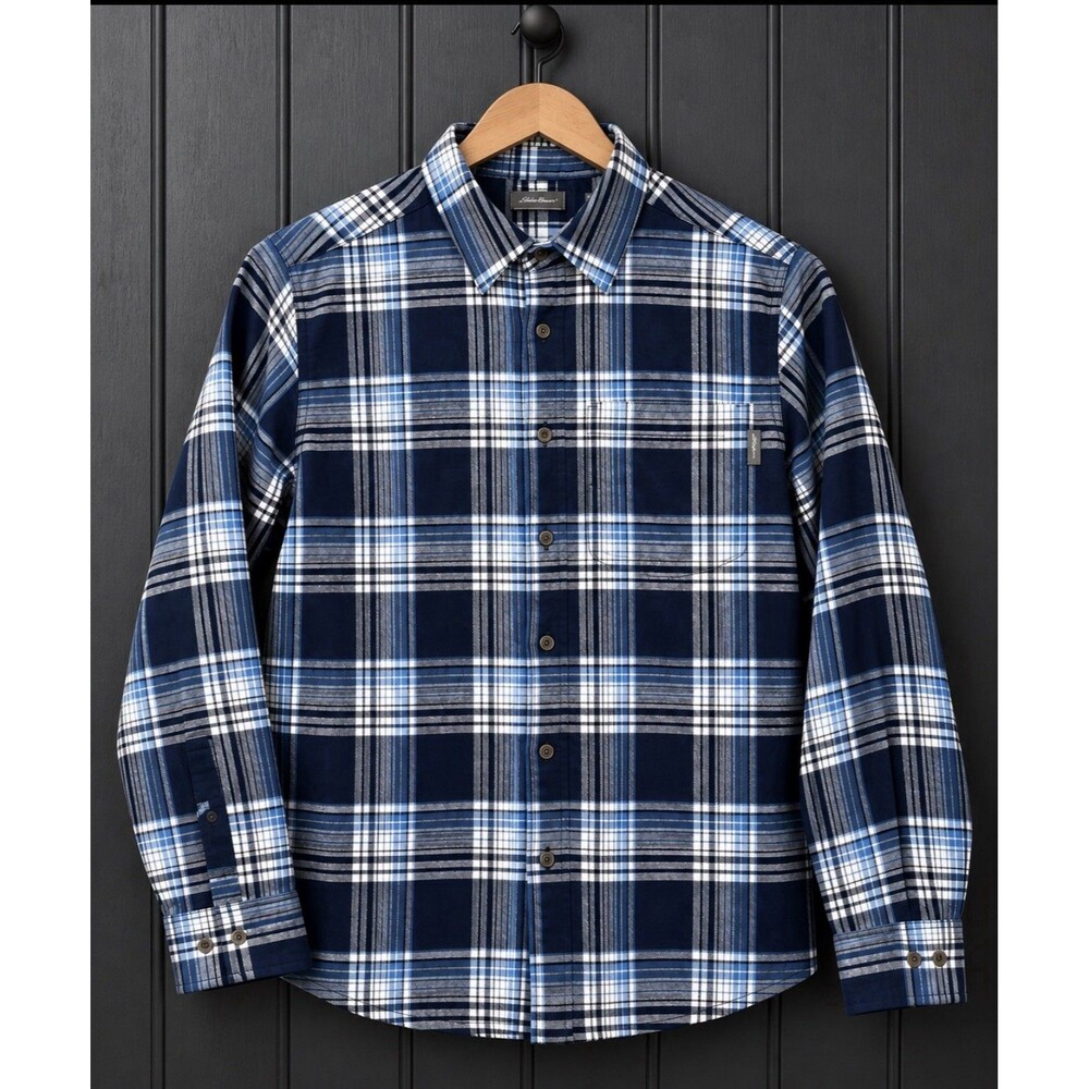 Eddie Bauer Men's Large Blue Plaid Flannel Shirt 100% Cotton Workwear Casual